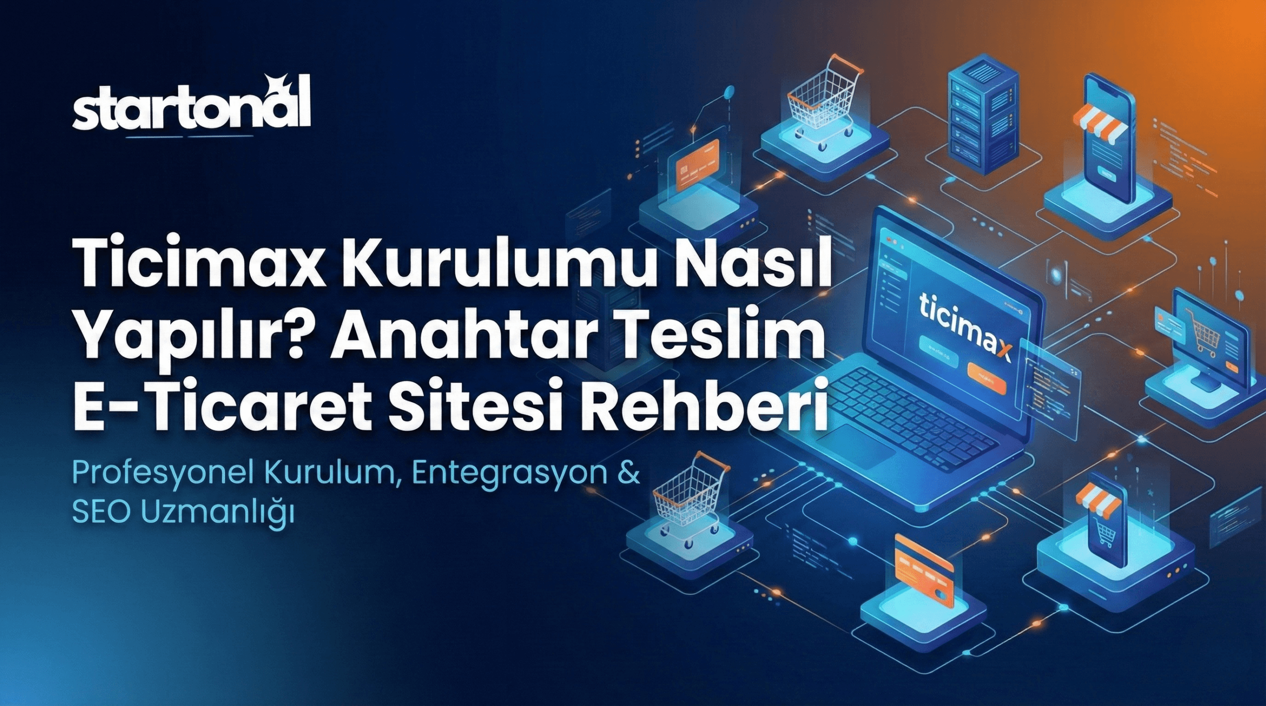 Ticimax mağaza kurulumunu bilgisayar, sunucu ve mobil mağaza simgeleriyle anlatan görsel.