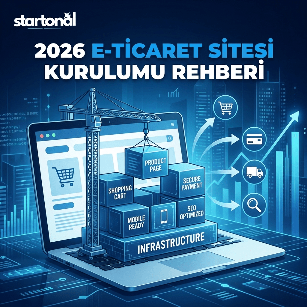 Ürün, sepet, ödeme, mobil ve SEO bileşenlerinden oluşan mağaza kurulum şeması.