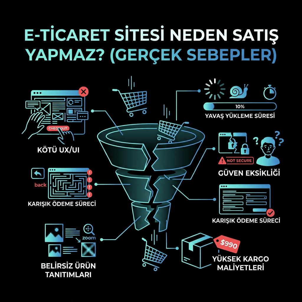 Satış hunisi çevresinde yavaşlık, güven, ürün bilgisi, ödeme ve kargo sorunları.